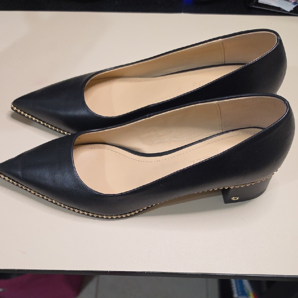 Coach Black Pointed-Toe Leather Pumps with Gold Trim - Picture 2 of 6